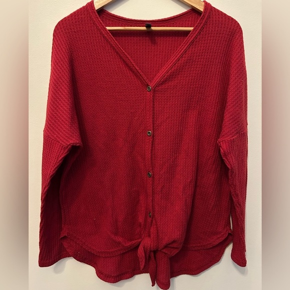 Sweaters - Red Button-Up Waffle Knit Cardigan